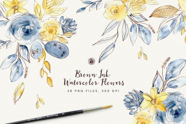 棕色油墨手绘水彩花卉元素 Brown Ink Watercolor Flowers