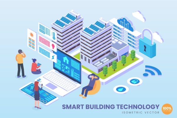 智能建筑技术等距矢量科技素材库精选概念插画v1 Isometric Smart Building Technology Vector Concept