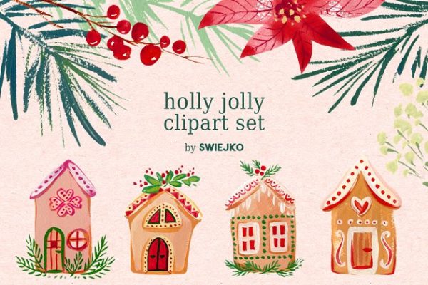 圣诞节水粉剪贴画 Gouache Christmas clipart set