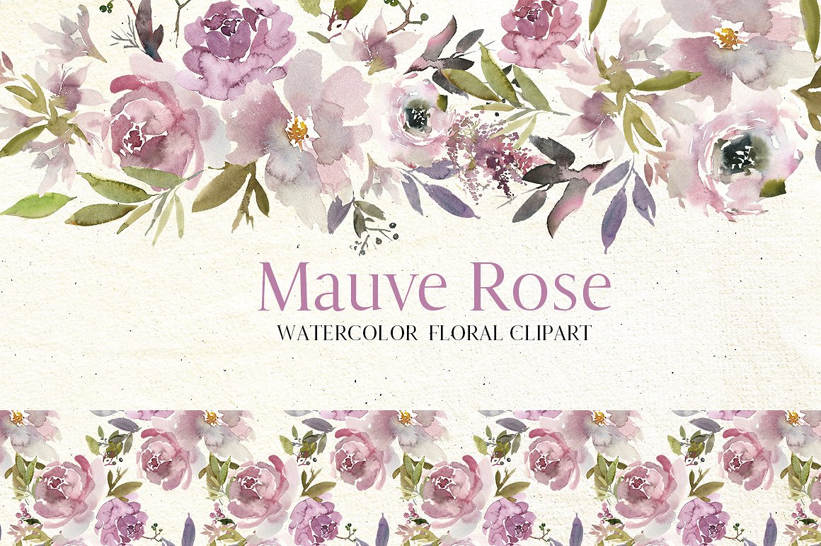 淡紫色玫瑰水彩花卉剪贴画 Mauve Rose Watercolor Floral Clipart插图
