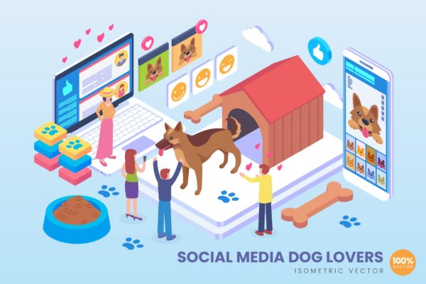 宠物社交主题等距矢量素材库精选概念插画v2 Isometric Social Media Dog Lover Vector Concept