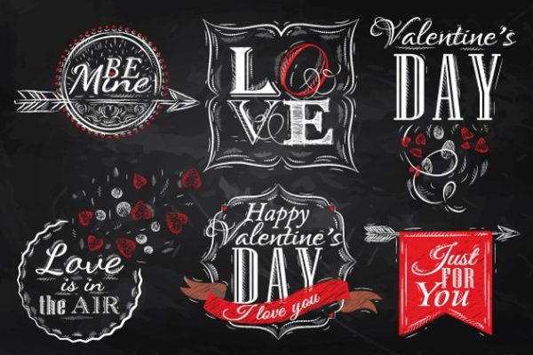 浪漫手绘情人节专题粉笔插画合集 Set Valentine’s Day