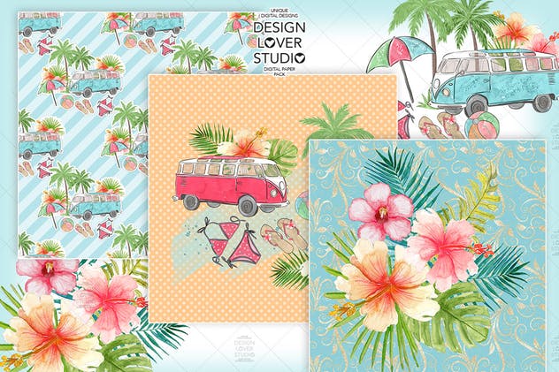 夏季海滩主题水彩花卉纸张图案背景套装 Go to the Beach digital paper pack插图(3)