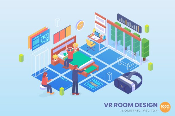 VR虚拟现实房间设计等距矢量科技素材库精选概念插画v1 Isometric VR Room Design Vector Concept