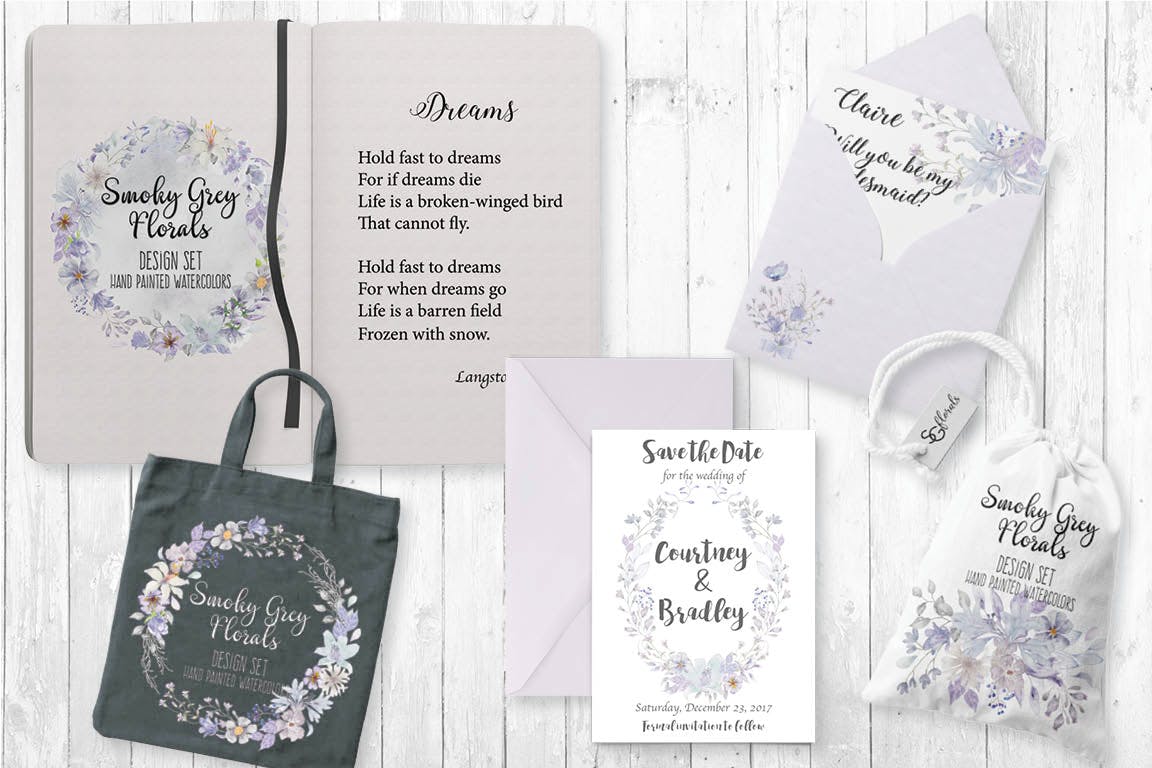 烟灰色水彩花卉手绘图案PNG素材 Smoky Grey Florals Watercolor Design Set插图(4)