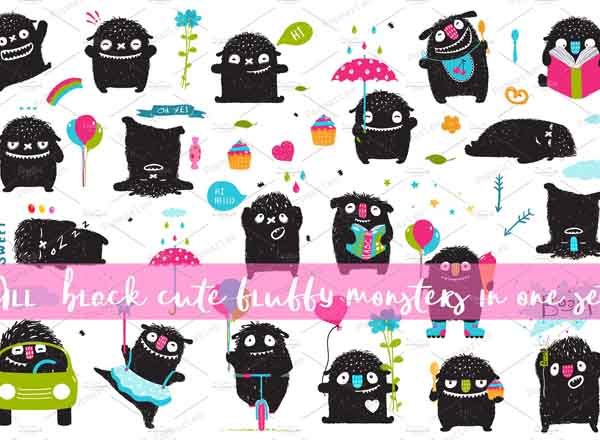 一组可爱的手绘小怪物矢量素材打包下载[eps,png,jpg]