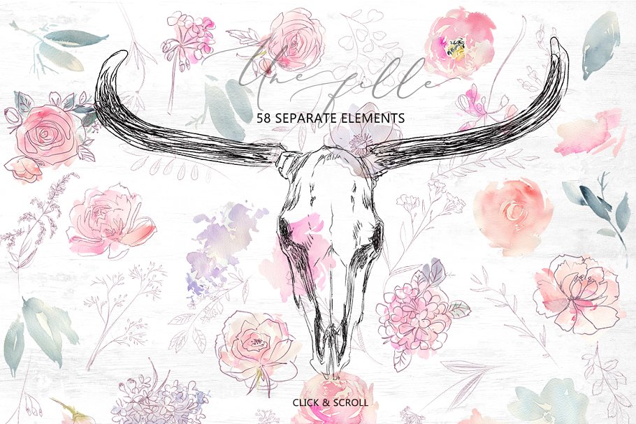 极力推荐：梦幻水彩花卉&涂鸦线条素材包 Une Fille Watercolor Artistic Set [2.7GB]插图(10)