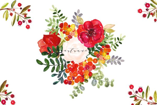 秋天成熟的果实水彩剪贴画 Autumn. Watercolor clip art.