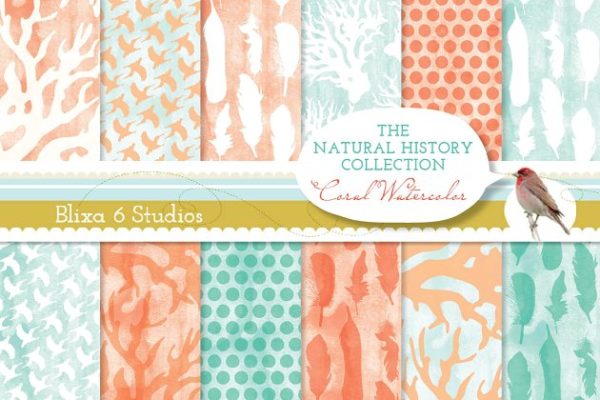 珊瑚水彩水彩纹理纸质背景 Coral Watercolor Digital Papers