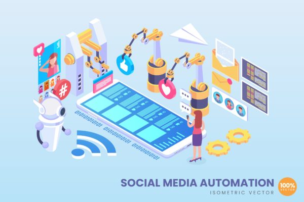社交媒体自动化主题等距矢量素材库精选概念插画 Isometric Social Media Automation Vector Concept