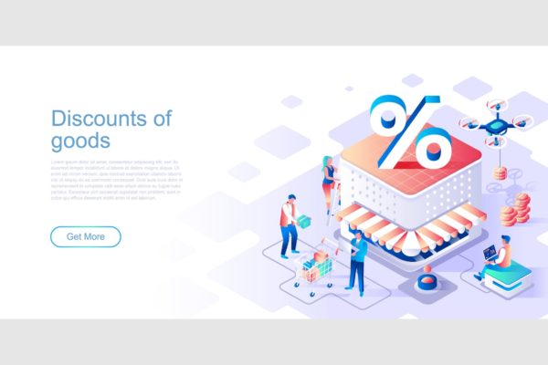 商品折扣主题扁平设计风格网站等距素材库精选概念插画 Discounts of Goods Isometric Flat Concept Header