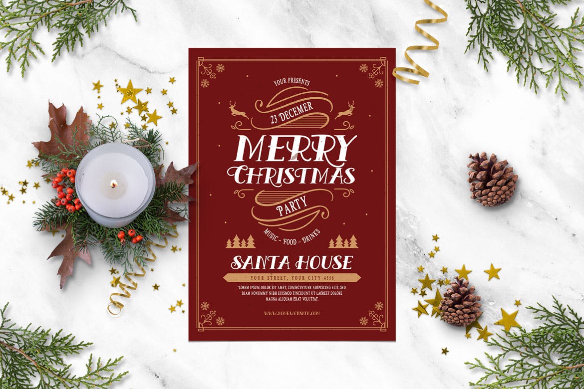 复古圣诞庆祝活动海报设计模板 Vintage Christmas Celebration插图(1)