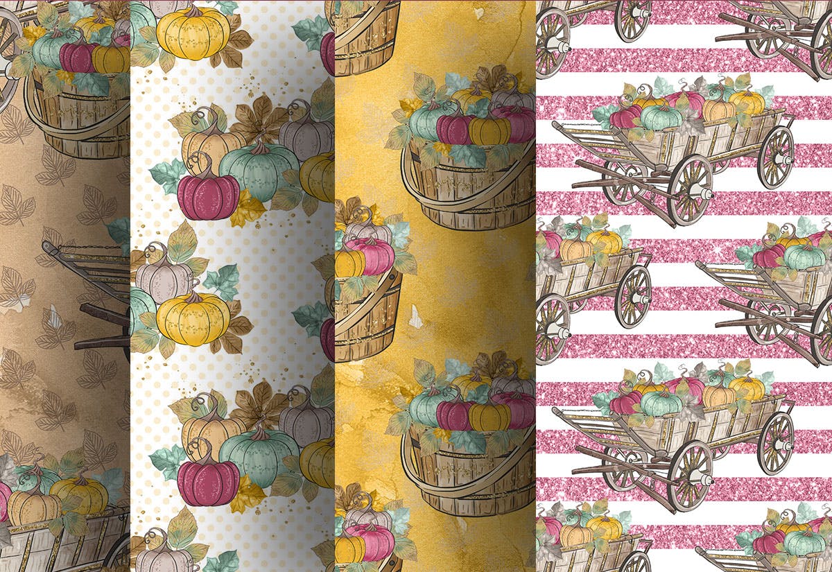 农场秋天丰收季节手绘图案数码纸张图片背景素材 Harvest Pumpkin digital paper pack插图(2)