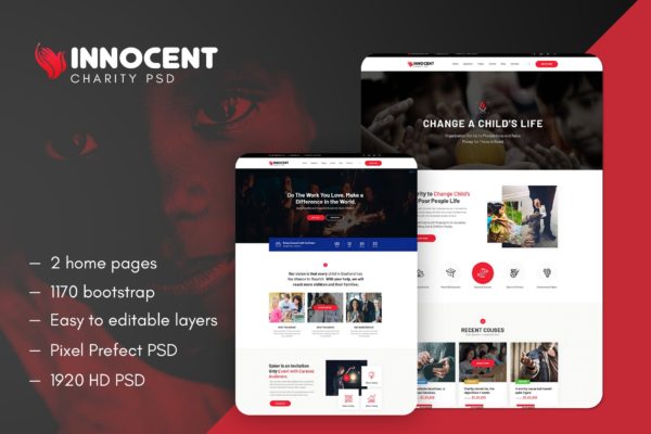 非营利慈善机构官网网站设计PSD模板 Innocent – Nonprofits Charity PSD Template