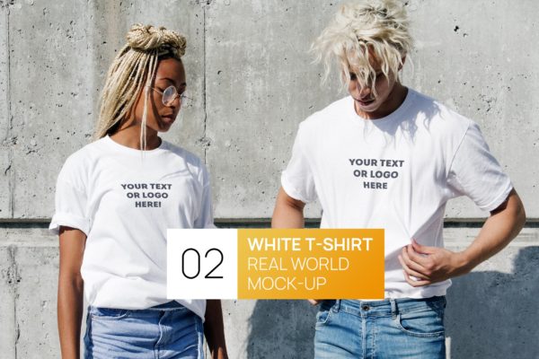 情侣T恤服装设计效果图样机素材库精选 Two Persons White T-Shirt Real World Photo Mock-up