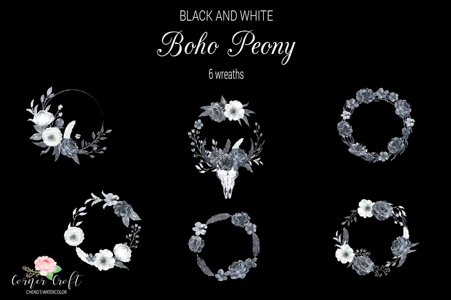 黑白色牡丹花水彩剪贴画 Boho Peonies Black and White插图(3)
