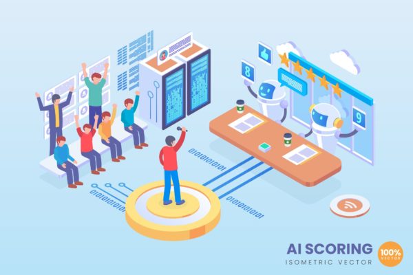 人工智能自动评分主题等距矢量素材库精选概念插画 Isometric AI Automated Scoring Vector Concept