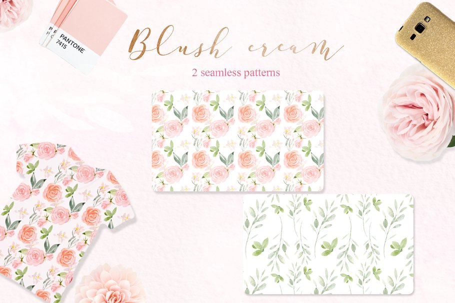 胭脂红水彩花卉水彩 Blush cream. Femenine flowers插图(15)