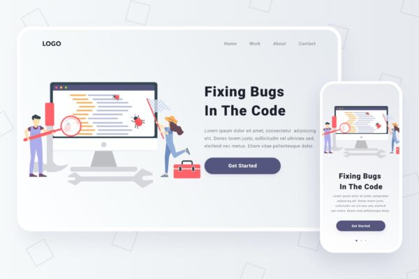 修Bug主题网站设计矢量素材库精选概念插画素材 Fixing Bugs in The Code Illustration