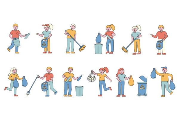 垃圾分类环保主题人物形象线条艺术矢量插画素材库精选素材 Garbage Lineart People Character Collection