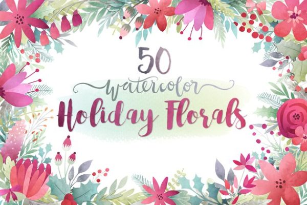 节日花卉水彩剪贴画图案 Watercolor Holiday Florals