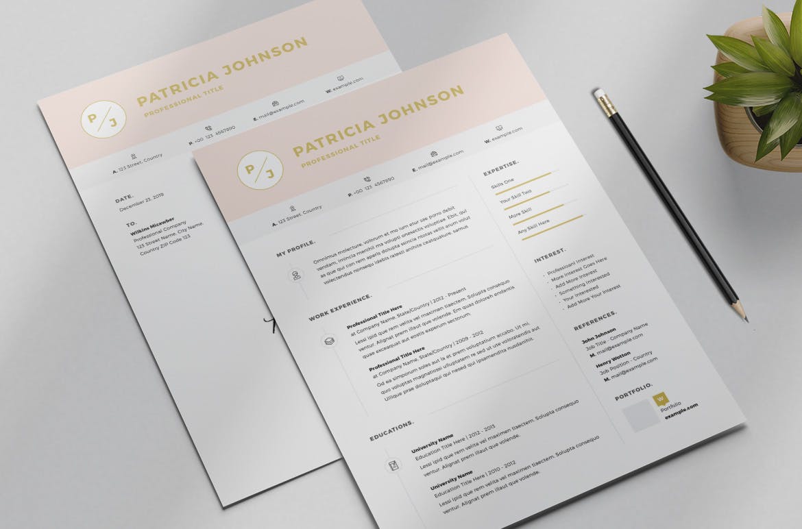 粉色标题网页设计师/网站开发素材库精选简历模板 Resume Layout Set with Pink Header插图(1)