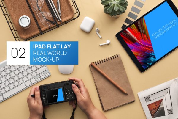 办公桌俯视图iPad Pro平板电脑素材库精选样机模板 iPad Pro Flat Lay Real World Photo Mock-up