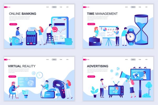 扁平设计风格场景概念插画网站着陆页设计模板v2 Set of Landing Page Templates Flat Concept