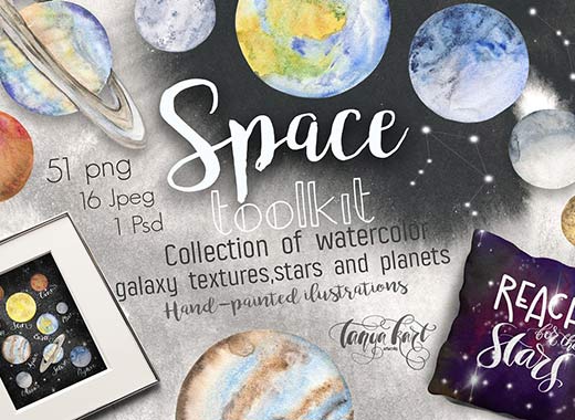 手绘水彩风格的插图及星空素材下载[psd,png,jpg]