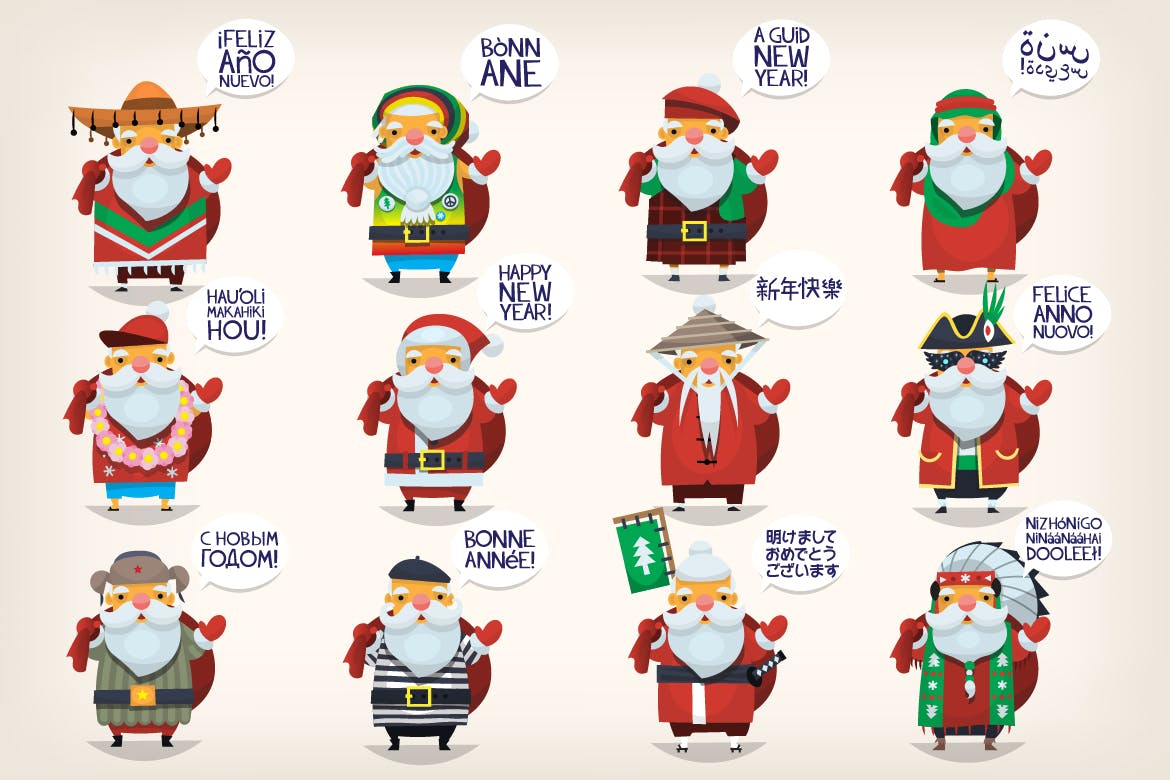 世界各地圣诞老人卡通形象设计矢量素材 Santas of the world插图
