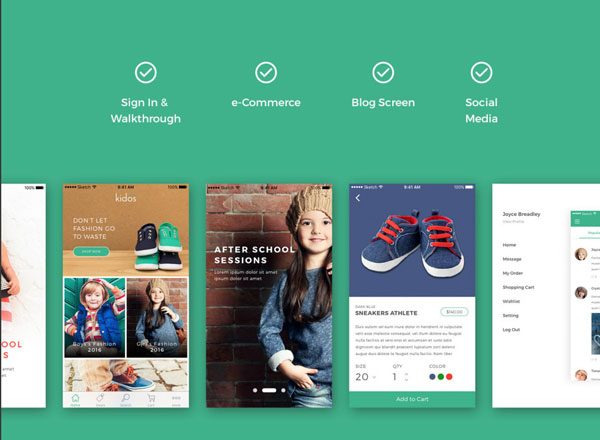 儿童服饰电商类APP UI KITS套装大包下载[PSD,Sketch]