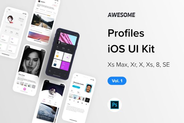 iOS平台职场社交APP应用个人中心界面设计UI套件PSD模板v1 Awesome iOS UI Kit – Profiles Vol. 1 (Photoshop)