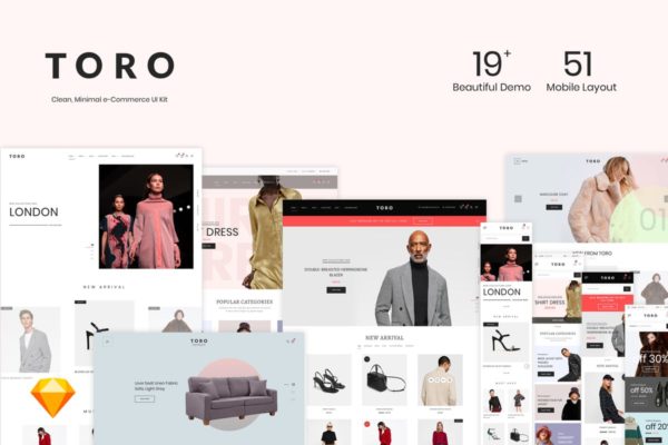 简约风格电商外贸网站设计模板UI套件 TORO – Clean, Minimal e-Commerce UI Kit