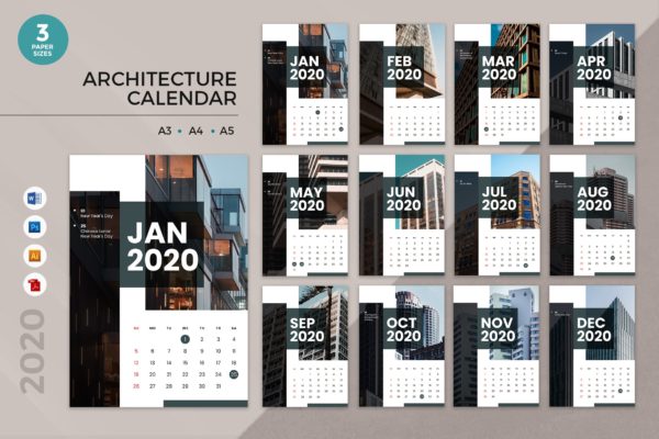 建筑行业主题2020年日历表设计模板 Architecture 2020 Calendar – AI, DOC, PSD