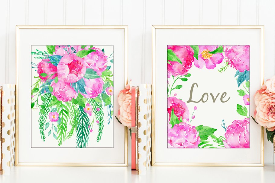 粉色水彩花卉剪贴画 Watercolor Clipart Pink Electric插图(1)