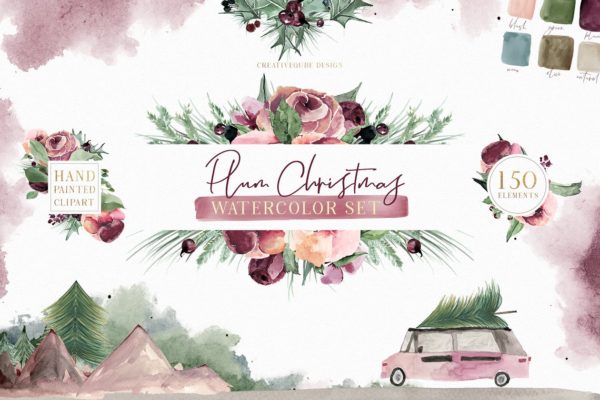 梅花圣诞水彩剪贴画 Plum Christmas Watercolor Clipart