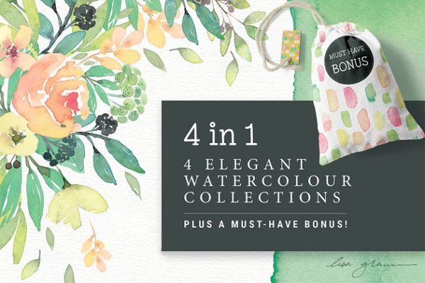 四合一优雅水彩剪贴画集 4in1 Elegant Watercolour collections