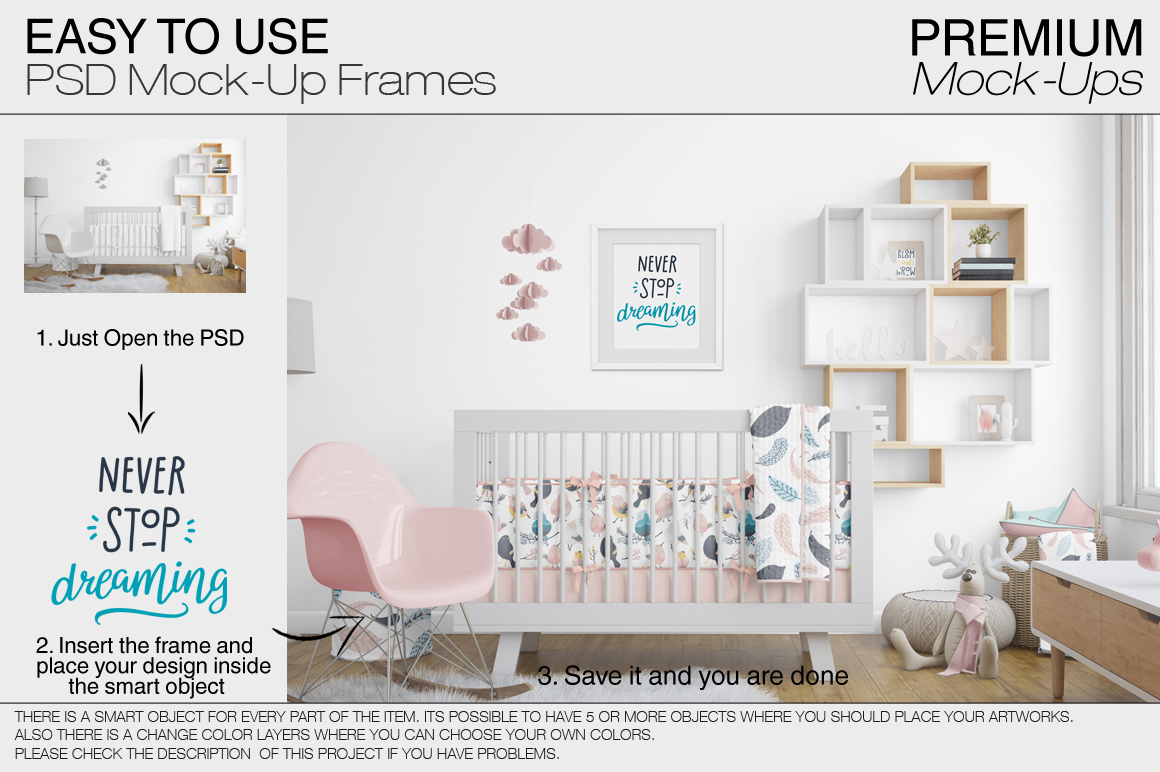高品质的婴儿床 & 90个相框展示样机下载 Nursery Crib Wall & 90 Frames [psd]插图(7)