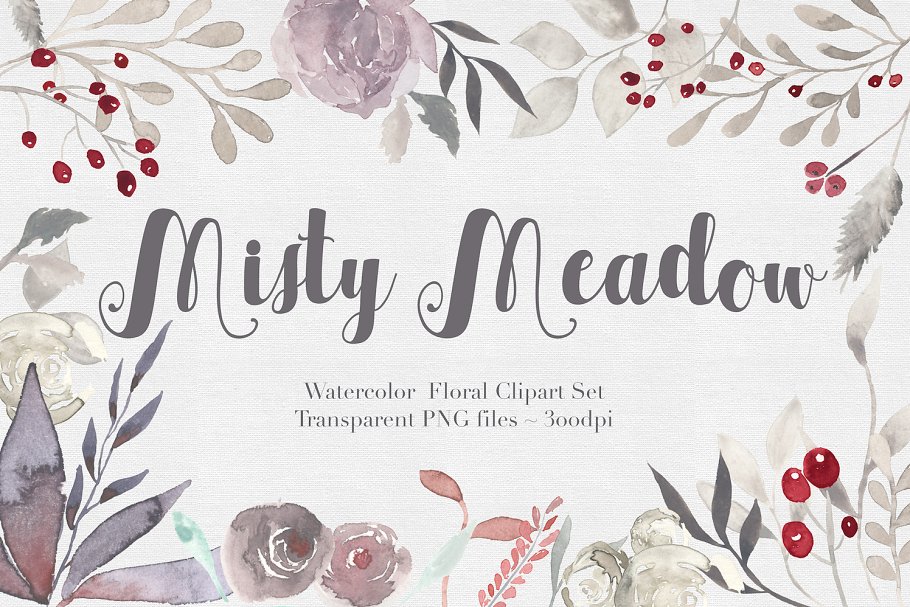 独特的手绘花卉树叶水彩图案 Misty Meadow Floral Clipart Set插图