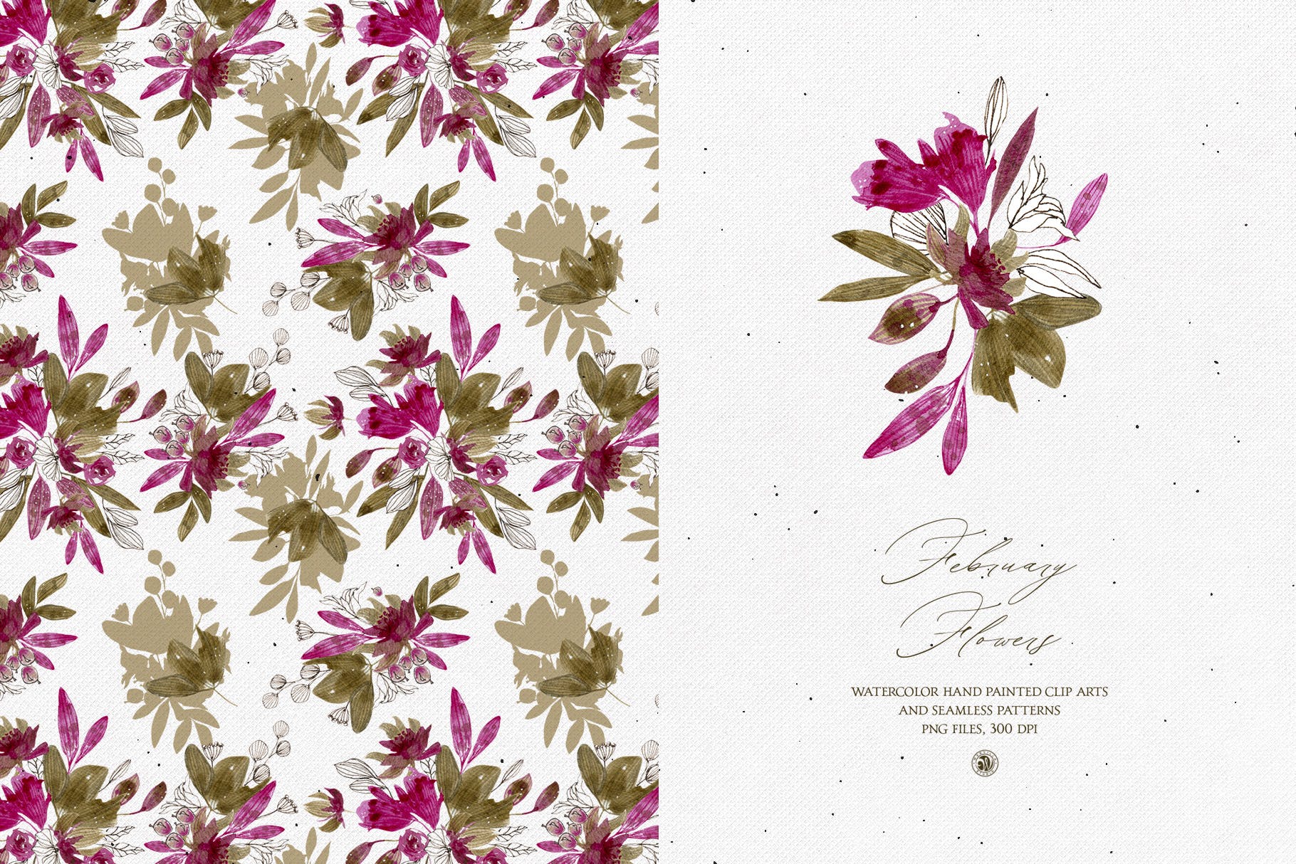 二月花水彩手绘花卉无缝图案背景素材库精选 February Flowers插图(1)