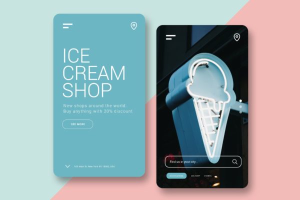 雪糕店/甜品品牌官网H5网站设计素材库精选模板 Ice Cream Shop – Mobile UI Kit