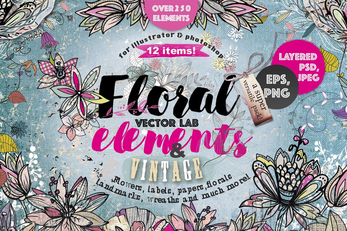 花卉&复古元素手绘插画素材 Vector lab “Floral & vintage elements” 250 PNG插图