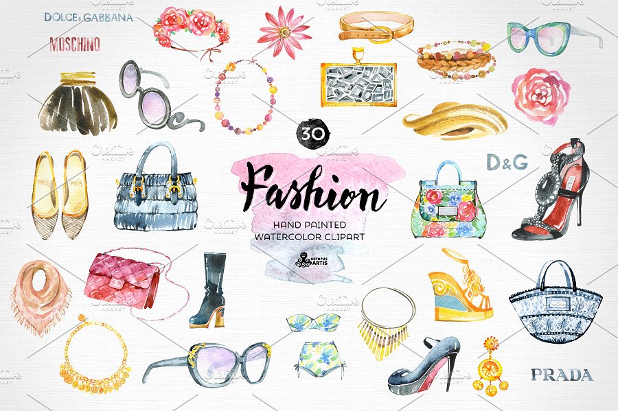 手绘时尚饰物饰品插画素材 Fashion Watercolor Clipart插图(1)