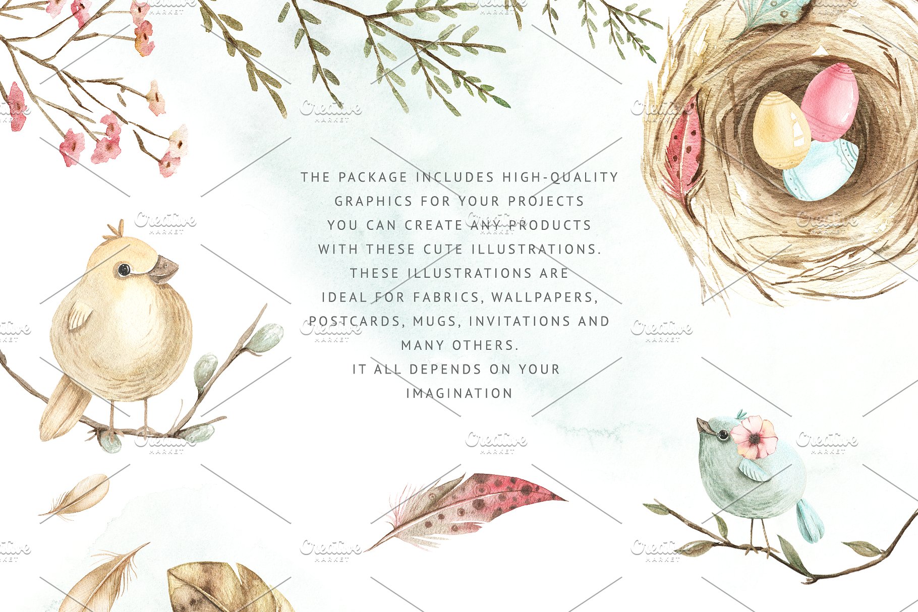 小鸟、树叶&花卉水彩粉画剪贴画 Watercolor Pastel Mood插图(2)
