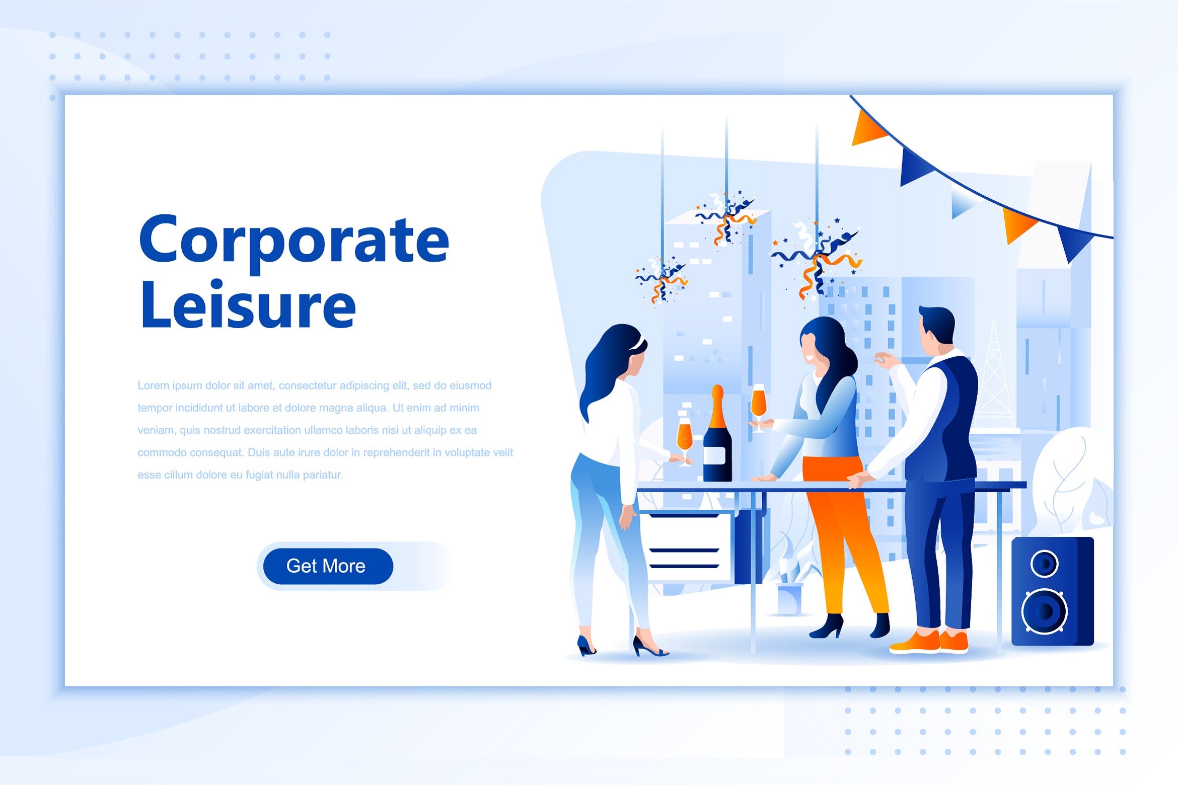 社交派对场景网站设计概念插画设计素材 Corporate Leisure Flat Landing Page Header插图