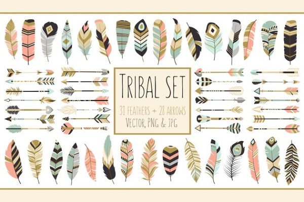 59个美丽的部落箭头艺术羽毛剪贴画 59 Arrows &amp; Feathers Tribal Clipart