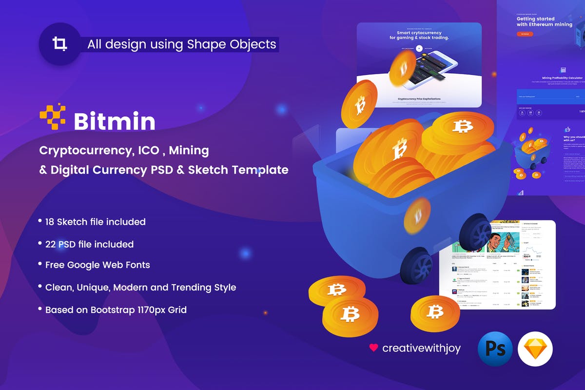 比特币加密货币主题网站PSD&Sketch模板 BITMIN – ICO, Mining PSD & Sketch Template插图
