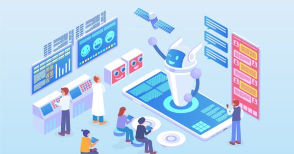 AI智能机器人场景2.5D等距概念插画 Isometric Chatbot Vector Concept Illustration