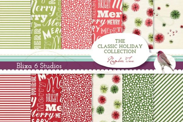 经典圣诞色彩元素纸质背景素材 Retro Holiday Digital Papers