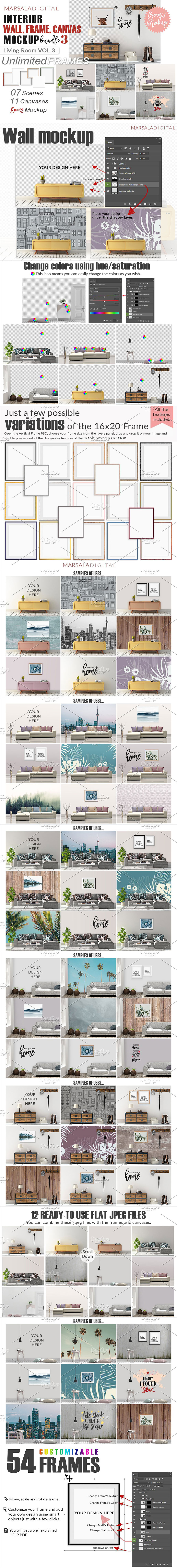 素材库下午茶：各种各样的室内场景装饰画展示画框模型下载[PSD]